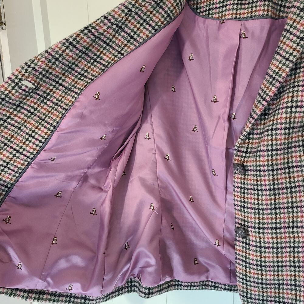 Talbots Beige Houndstooth Owl Print Lined Classic Preppy Blazer Wool 12P - Picture 9 of 14